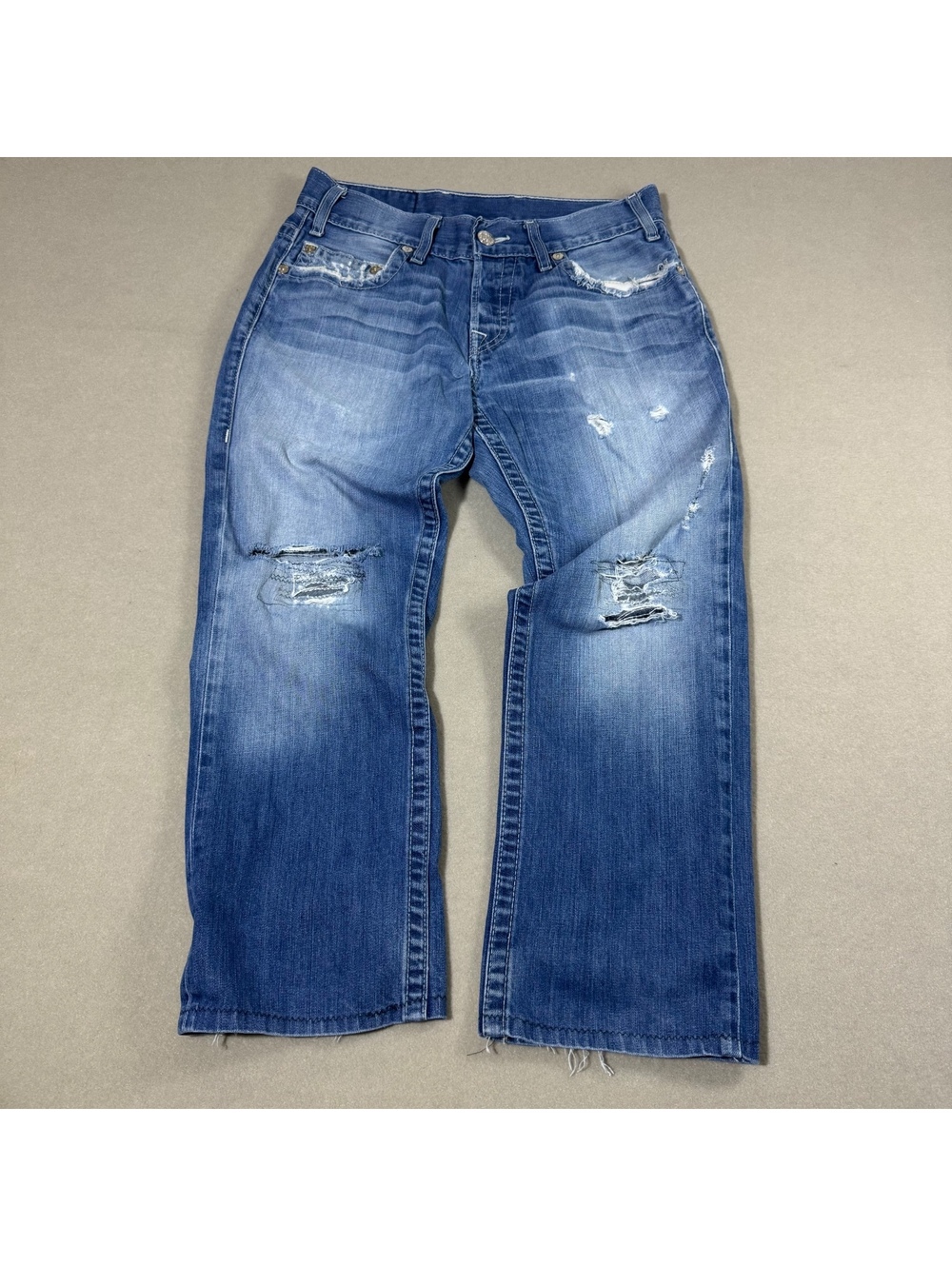 Y2K True Religion Slim Jeans Mens 31 Distressed Light Wash Made in USA Big U